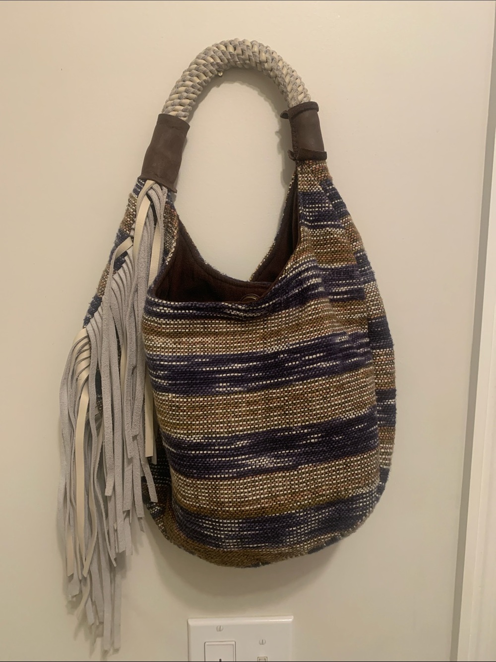 Striped Woven Fringe Hobo Bag in Navy, Brown & Cream